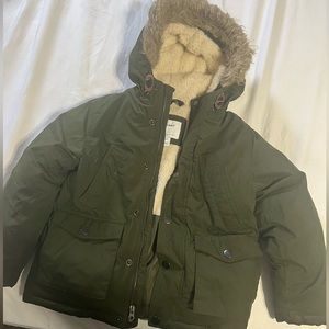 Old navy; green coat.